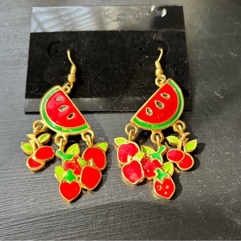 Berebi Fruit Colorful Watermelon Apple Cherry and Strawberry Enameled Earrings